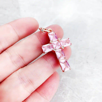 Brand New Pendant Cross With Pink AAA CZ Crystals And Star Rose Gold Plated Fine 925 Sterling Silver Jewellery - The Jewellery Supermarket